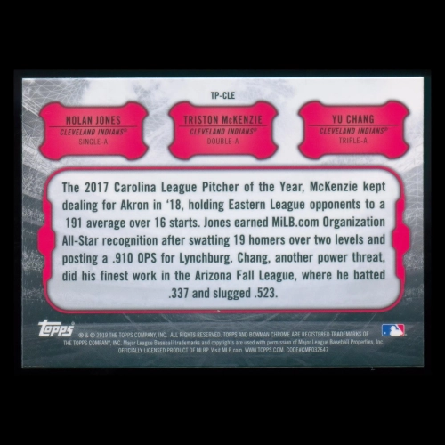 Nolan Jones | Trison McKenzie | Yu Chang RC 2019 Bowman Chrome Talent Pipeline Indians