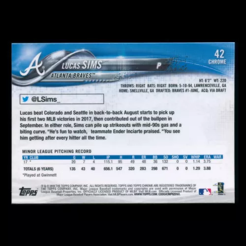 Lucas Sims RC 2018 Topps Chrome Rookie Braves