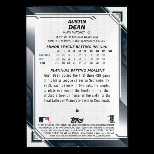 Austin Dean RC 2019 Bowman Platinum Rookie Marlins