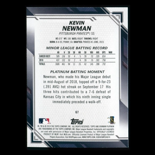 Kevin Newman RC 2019 Bowman Platinum Rookie Pirates