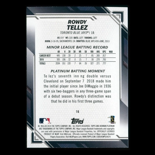Rowdy Tellez RC 2019 Bowman Platinum Rookie Blue Jays