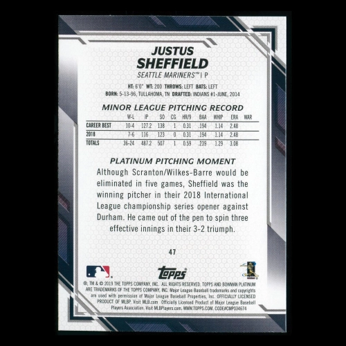 Justus Sheffield RC 2019 Bowman Platinum Rookie Mariners