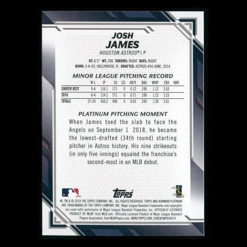 Josh James RC 2019 Bowman Platinum Rookie Astros