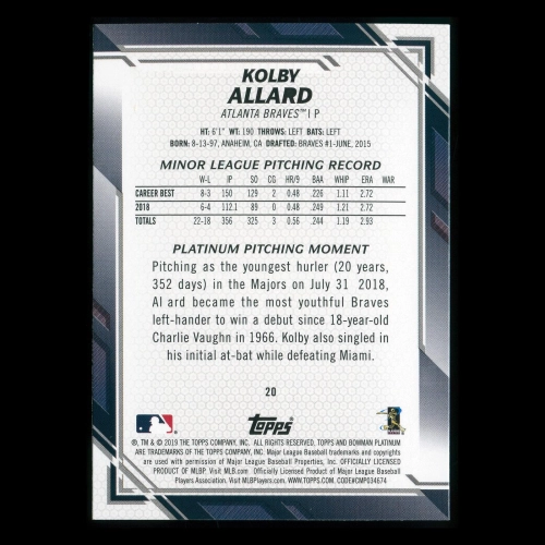 Kolby Allard RC 2019 Bowman Platinum Rookie Braves