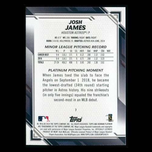 Josh James RC 2019 Bowman Platinum Rookie Astros