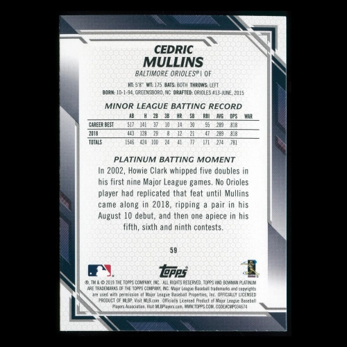 Cedric Mullins RC 2019 Bowman Platinum Rookie Orioles