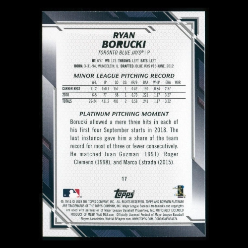 Ryan Borucki RC 2019 Bowman Platinum Rookie Blue Jays