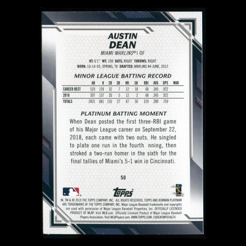 Austin Dean RC 2019 Bowman Platinum Rookie Marlins