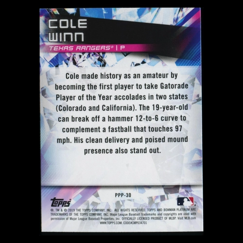 Cole Winn 2019 Bowman Platinum Prismatic Prodigies Rangers