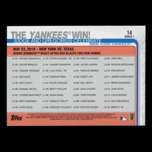 The Yankees Win 2019 Topps Judge and Gregorius Celebrate