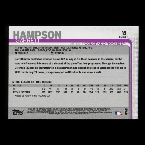 Garrett Hampson RC 2019 Topps Rookie Rockies