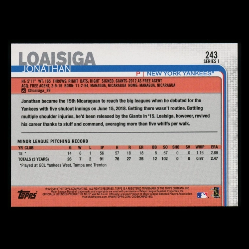 Jonathan Loaisiga RC 2019 Topps Rookie Yankees
