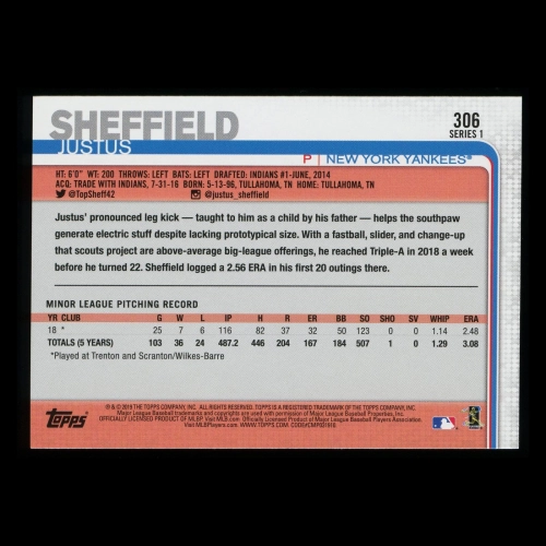 Justus Sheffield RC 2019 Topps Rookie Yankees