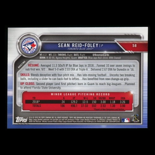 Sean Reid-Foley RC 2019 Bowman Rookie Blue Jays