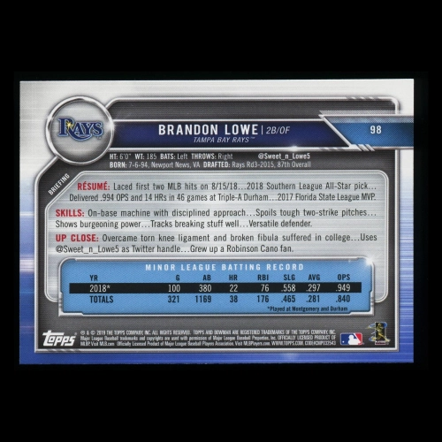 Brandon Lowe RC 2019 Bowman Rookie Rays