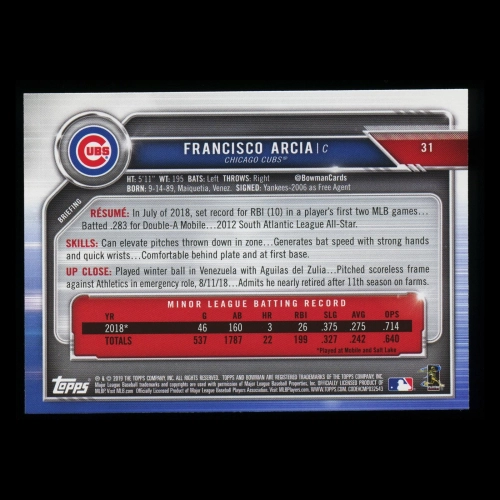 Francisco Arcia RC 2019 Bowman Rookie Cubs