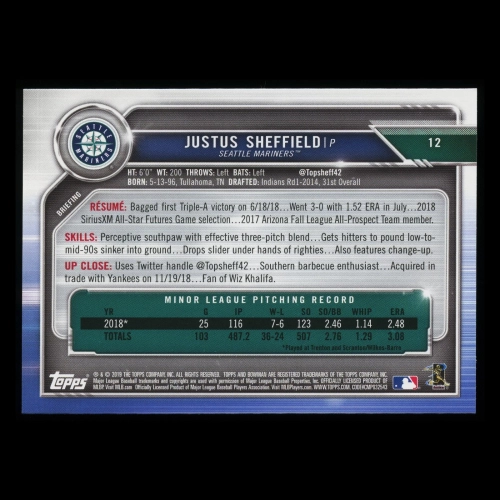 Justus Sheffield RC 2019 Bowman Rookie Mariners