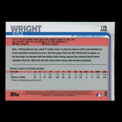 Kyle Wright RC 2019 Topps Chrome Rookie Braves