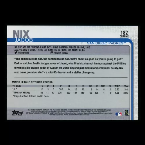 Jacob Nix RC 2019 Topps Chrome Negative Rookie Padres