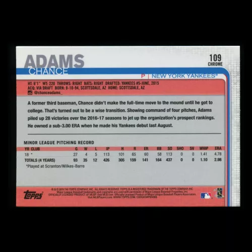 Chance Adams RC 2019 Topps Chrome Rookie Yankees