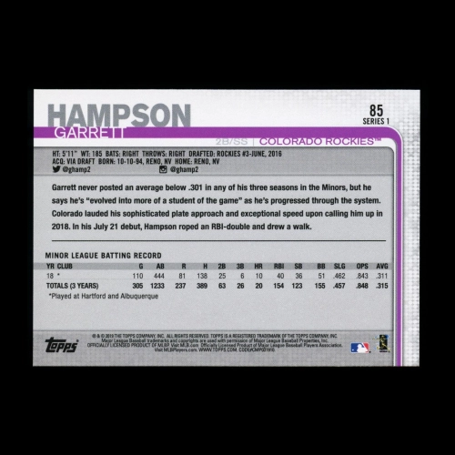 Garrett Hampson RC 2019 Topps Rookie Rockies