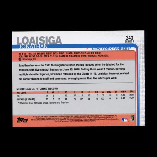 Jonathan Loaisiga RC 2019 Topps Rookie Yankees