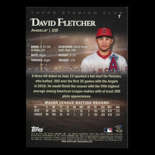 David Fletcher RC 2019 Stadium Club Rookie Angels