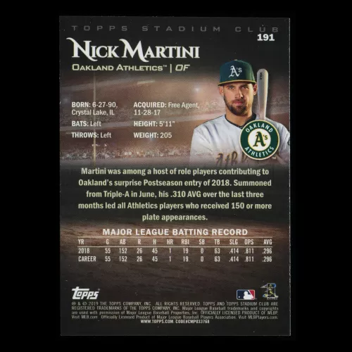 Nick Martini RC 2019 Stadium Club Rookie Athletics