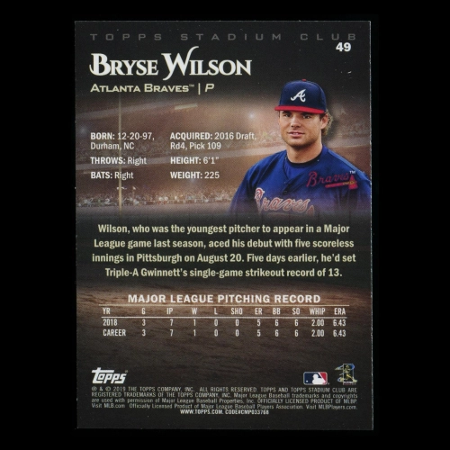 Bryse Wilson RC 2019 Stadium Club Rookie Braves