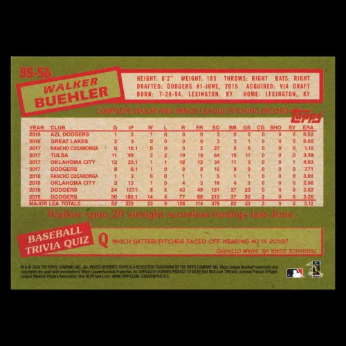 Walker Buehler 2020 Topps 1985 Retro Dodgers