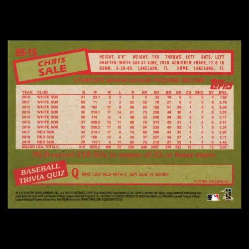 Chris Sale 2020 Topps 1985 Retro Red Sox
