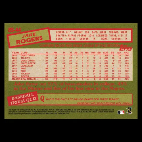 Jake Rogers RC 2020 Topps 1985 Retro Rookie Tigers