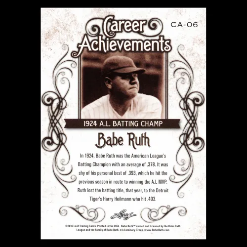 Babe Ruth 2016 Leaf Career Achievements 1924 A.L. Batting Champ #6