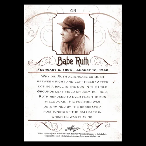 Babe Ruth 2016 Leaf Ruth Played Both Left and Right Field #49