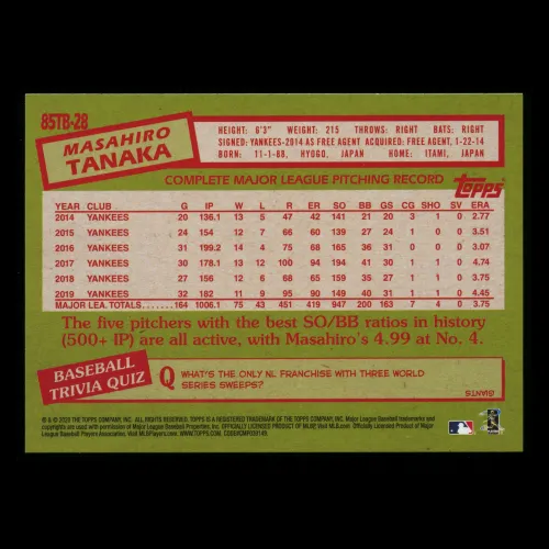 Masahiro Tanaka 2020 Topps 1985 Retro Yankees