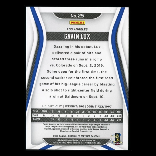 Gavin Lux RC 2020 Chronicles Certified Green Rookie Dodgers