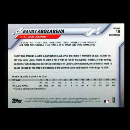Randy Arozarena RC 2020 Topps Chrome Rookie Refractor Cardinals