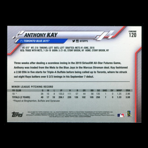Anthony Kay RC 2020 Topps Chrome Rookie Blue Jays