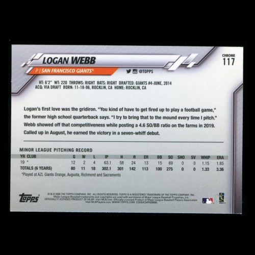 Logan Webb RC 2020 Topps Chrome Rookie Giants