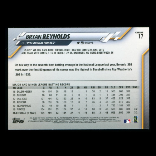 Bryan Reynolds 2020 Topps Chrome All-Star Rookie Pirates