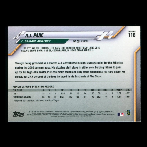 A.J. Puk RC 2020 Topps Chrome Rookie Athletics