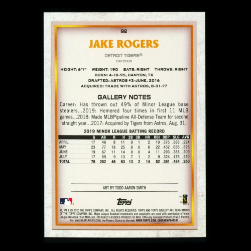 Jake Rogers RC 2020 Gallery Rookie Tigers