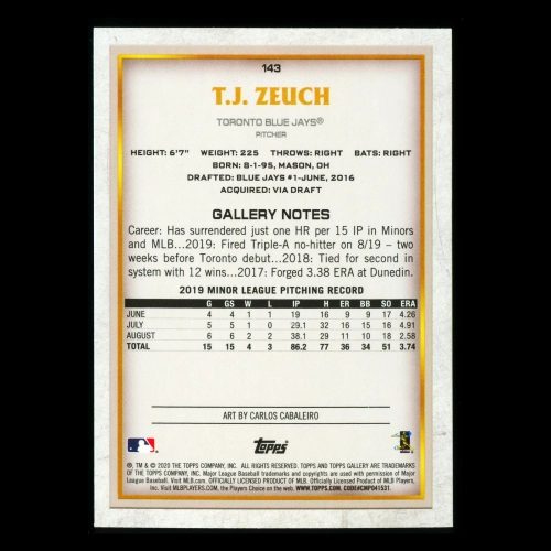 T.J. Zeuch RC 2020 Gallery Rookie Blue Jays
