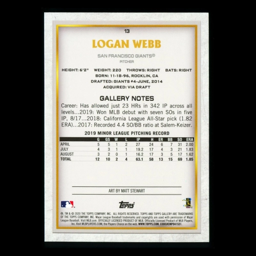 Logan Webb RC 2020 Gallery Rainbow Foil Rookie Giants
