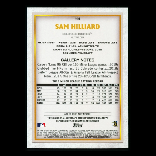 Sam Hilliard RC 2020 Gallery Rookie Auto Rockies