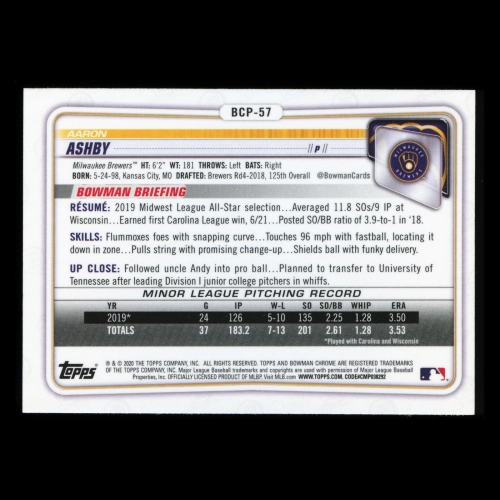 Aaron Ashby 2020 Bowman Chrome 1st Bowman Prospect Brewers