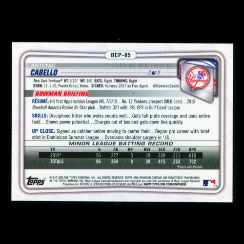 Antonio Cabello 2020 Bowman Chrome 1st Bowman Prospect Yankees