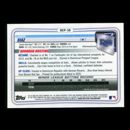 Jhon Diaz 2020 Bowman Chrome 1st Bowman Prospect Rays