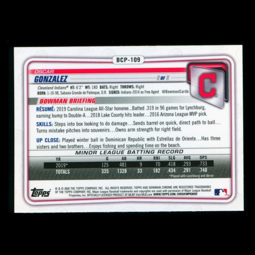 Oscar Gonzalez 2020 Bowman Chrome 1st Bowman Prospect Indians