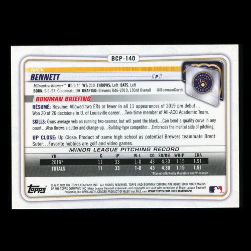 Nick Bennett 2020 Bowman Chrome 1st Bowman Prospect Brewers